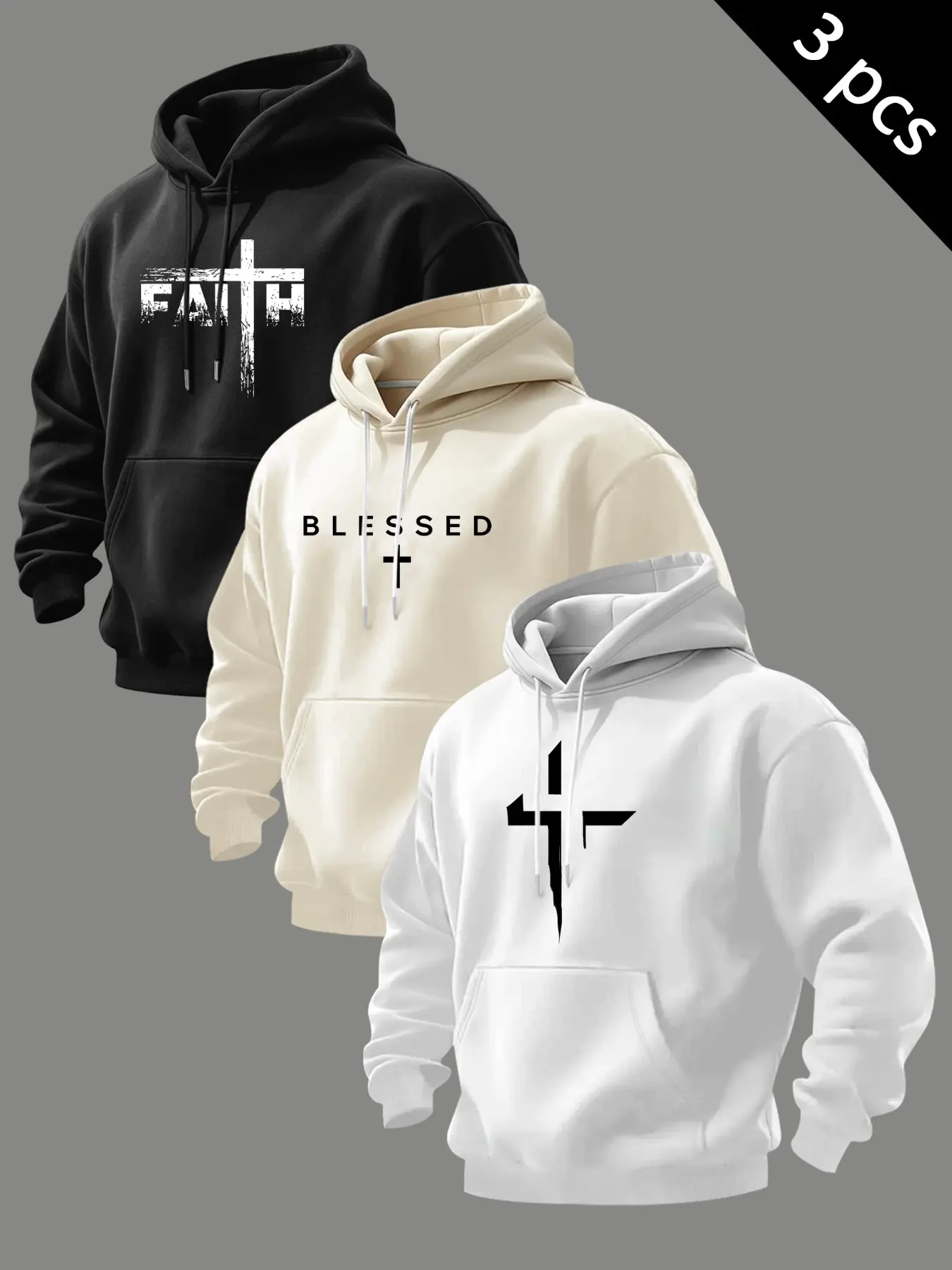 3‑Pack Men’s Graphic Hooded Sweatshirts, Faith Blessed Cross Theme Prints, Faith Based Streetwear, Drawstring Hood & Front Kangaroo Pocket, Soft Plush Lining, Oversized Fit Pullovers For Casual Street Style