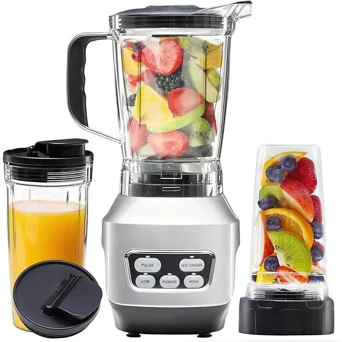 3-in-1 1200W Countertop Blender (1000 to 1499W), 3 Pieces Self Cleaning Jug Blenders with 60oz Jar, Portable Cups, Adjustable Speed, Ice Crusher, Easy Clean Kitchen Appliance