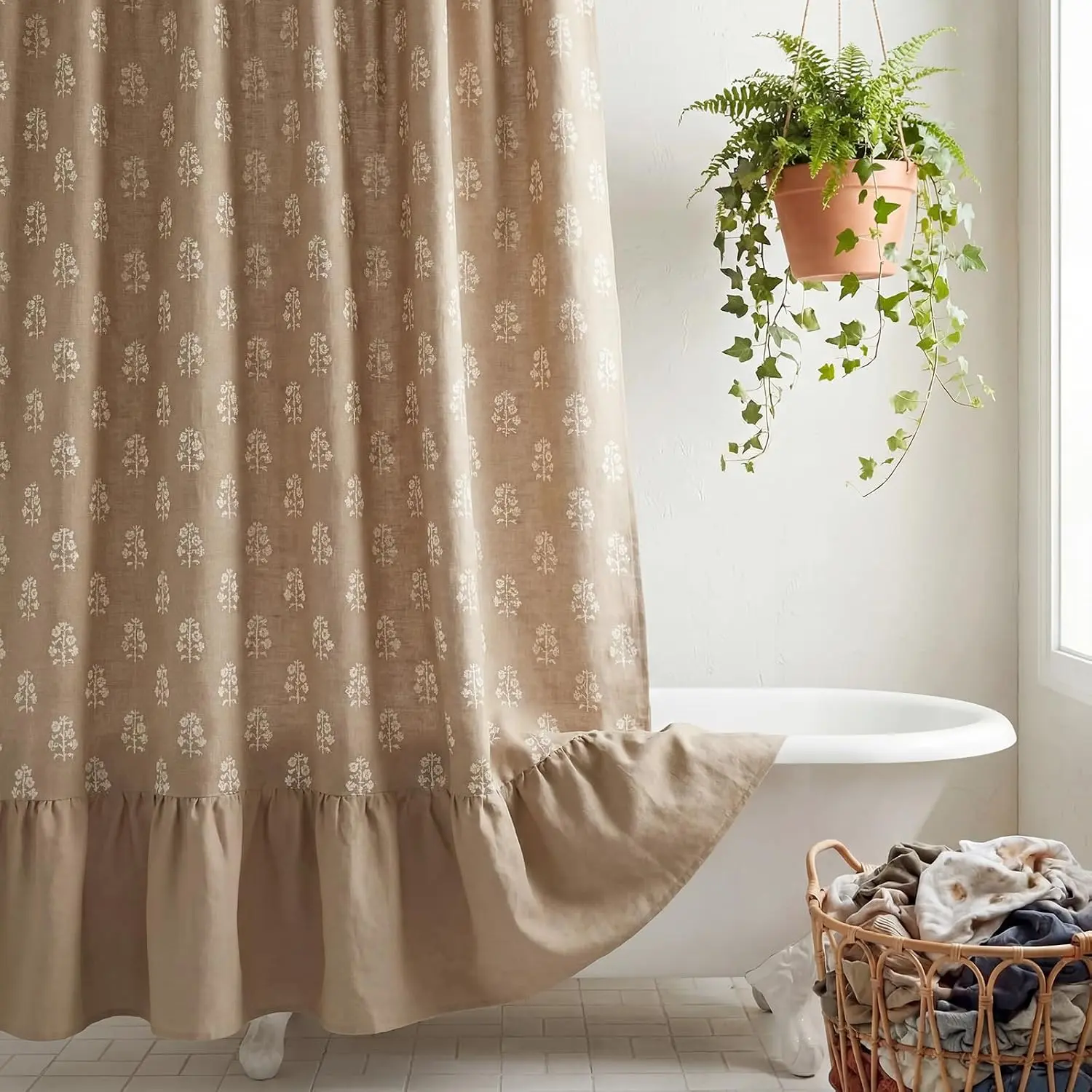 Linen Textured Cottage Core Ruffle Shower Curtain Brown Vintage Block Print Shower Curtains Decorative Farmhouse Curtain Set for Rustic Farmhouse Frenchy Bathroom Decor, 72wx72h
