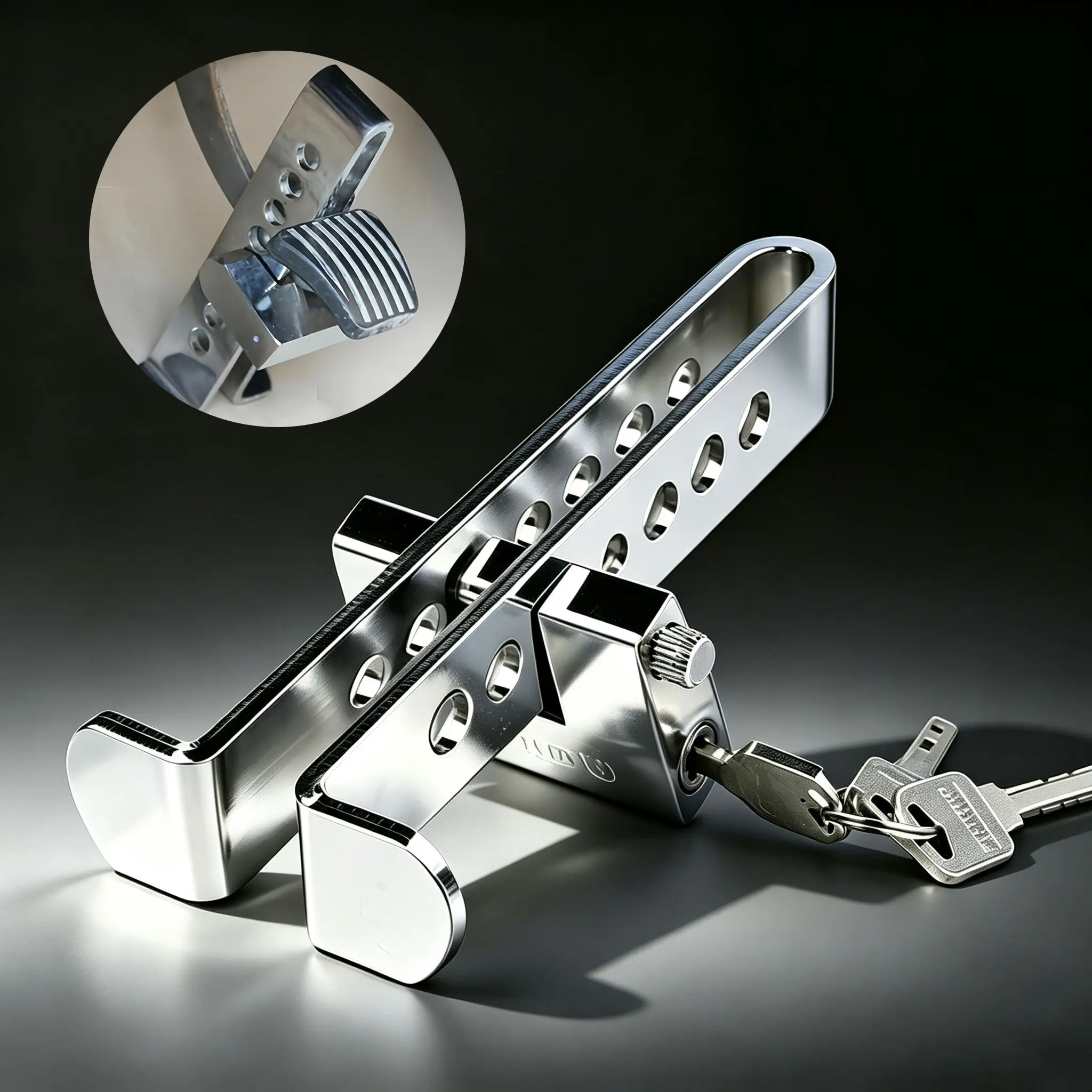 Anti-Theft Car Stainless Steel Brake Clutch Pedal Lock, Steering Wheel Safety Lock, Suitable for <=1.5cm Pedals, 8/9 Holes, 1pc, Foot Pedal Lock