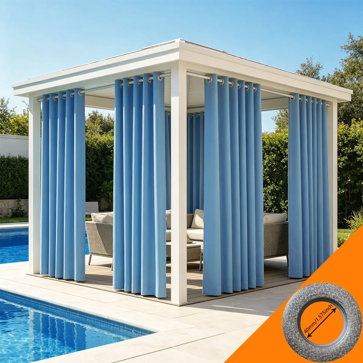 2pcs Sky Blue Outdoor Waterproof Sunshade Curtains, Macaron Fresh Courtyard Style, Dustproof Noise Reduction, Pool Pavilion Decor