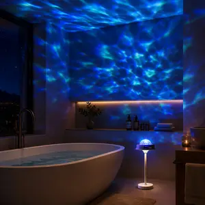 Rechargeable Shower Lamp with Ocean Wave Projector, RGB Color Changing Bathroom Light, Cordless Waterproof LED Night Light with Remote & Touch Control for Shower, Bathtub, Bedroom, Spa Decor & Relaxation