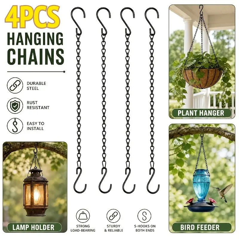 4pcs 11.4-Inch Black Hanging Chain with S-Hooks - Adjustable Iron Plant Hangers Suitable for Indoor/Outdoor Use, Perfect for Hanging Plants, Bird Feeders, Lanterns, And Flower Baskets
