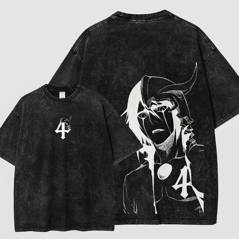 Vintage Black Washed Cotton T Shirt Bleach Front Small Espada 4 Emblem Back Horned Ulquiorra Line Drawing Japanese Anime Graphic Tee Harajuku Streetwear Casual Short Sleeve Clothing For Fans