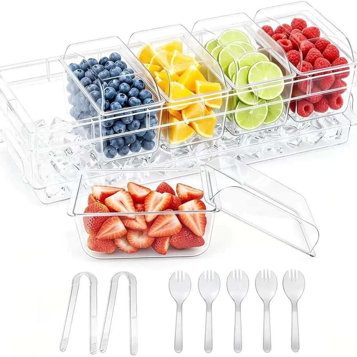 Condiment Tray, Refrigerated Condiment Server, Clear, Ideal for Home, Parties, Celebrations, Bar Decor, Includes Removable Trays and Lid, with Utensils
