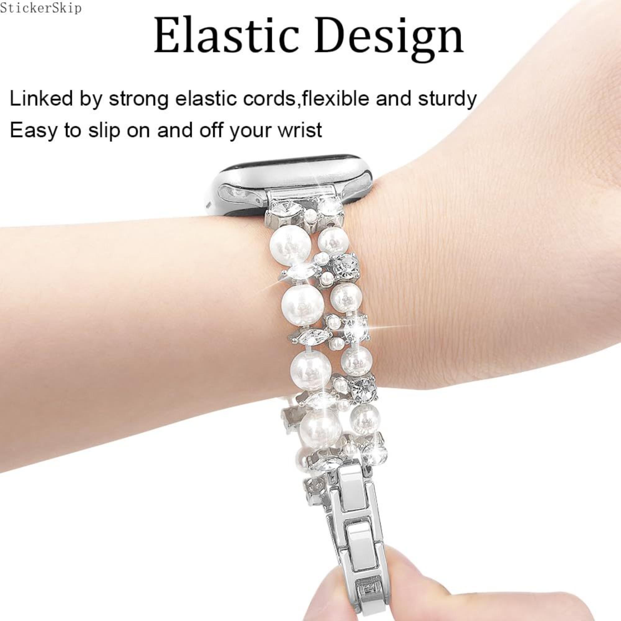 2026 NEW Elegant Pearl Beaded Apple Watch Band for Women – Elastic Stretch Bracelet Strap with Rhinestone Bling, Compatible with 38–49mm Series 4–11, SE & Ultra, Jewelry Wristband for Party, Wedding & Gift