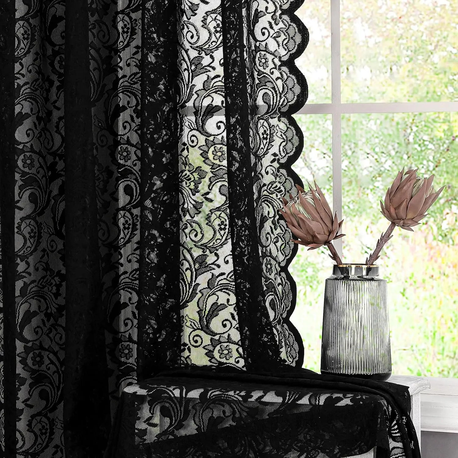 Black Sheer Lace Curtains 84 inch Vintage Floral Sheer Gothic Panels for Living Room Bedroom Luxury Light Filtering Drapes Black Window Treatment Sets Rod 2 Panels 54" Wx84 L