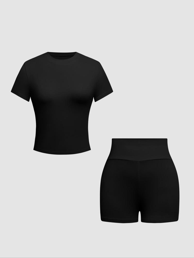 Women's  Solid Round Neck Tee & Skinny Shorts Set, Casual Short Sleeve T-shirt & Short Leggings, Ladies Summer Clothes