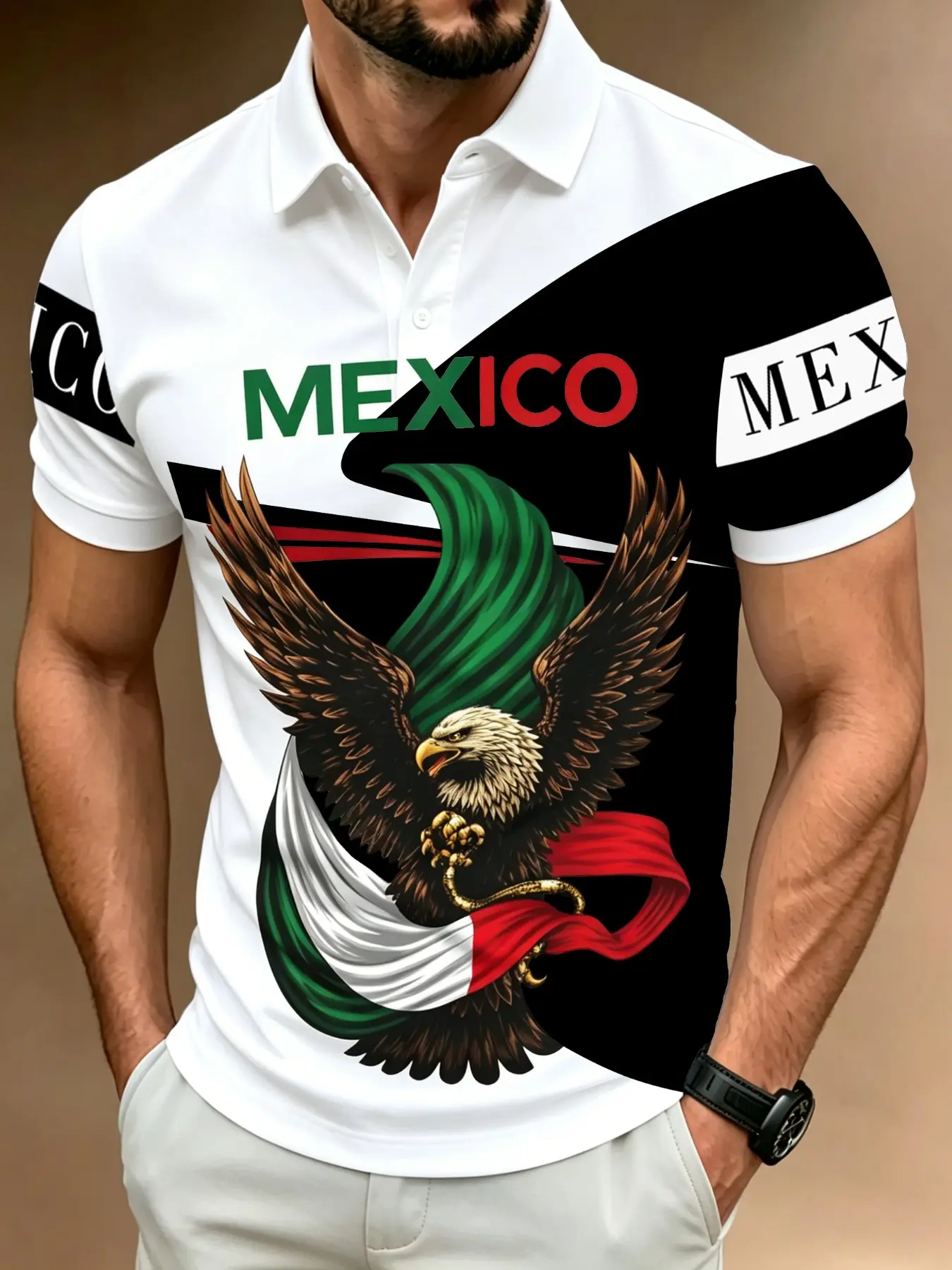 Men's "Mexicao" Print Short Sleeve Buttoned Patriotic Polo Shirt, Fashionable Summer Wear, Casual Sporty Top, Menswear
