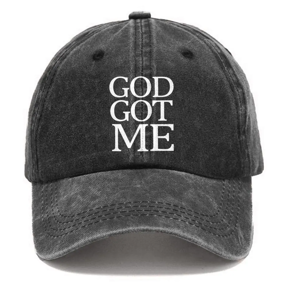 Vintage Washed Cotton Dad Cap, Christian "God Got Me" Graphic Embroidered Hat, Adjustable Black Casual Baseball Cap, Black Cap, Casual Hat