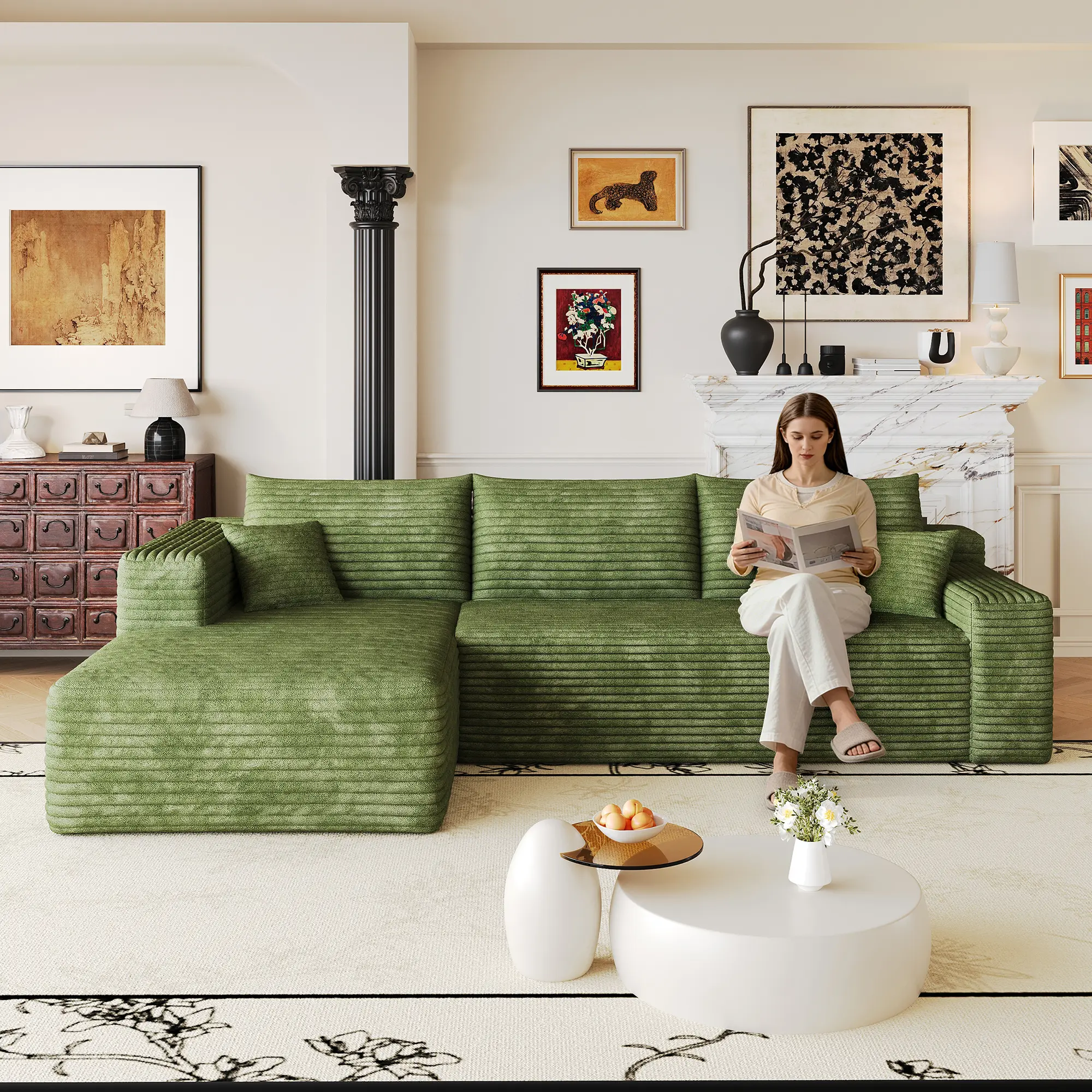 Nokka 103" L-Shaped Corner Cloud Sectional Sofa with Chaise, 3-Seat Deep Seat Plush Corduroy Upholstered Couch, No Assembly Required, Modern Minimalist Primary Living Space Couches for Living Rooms