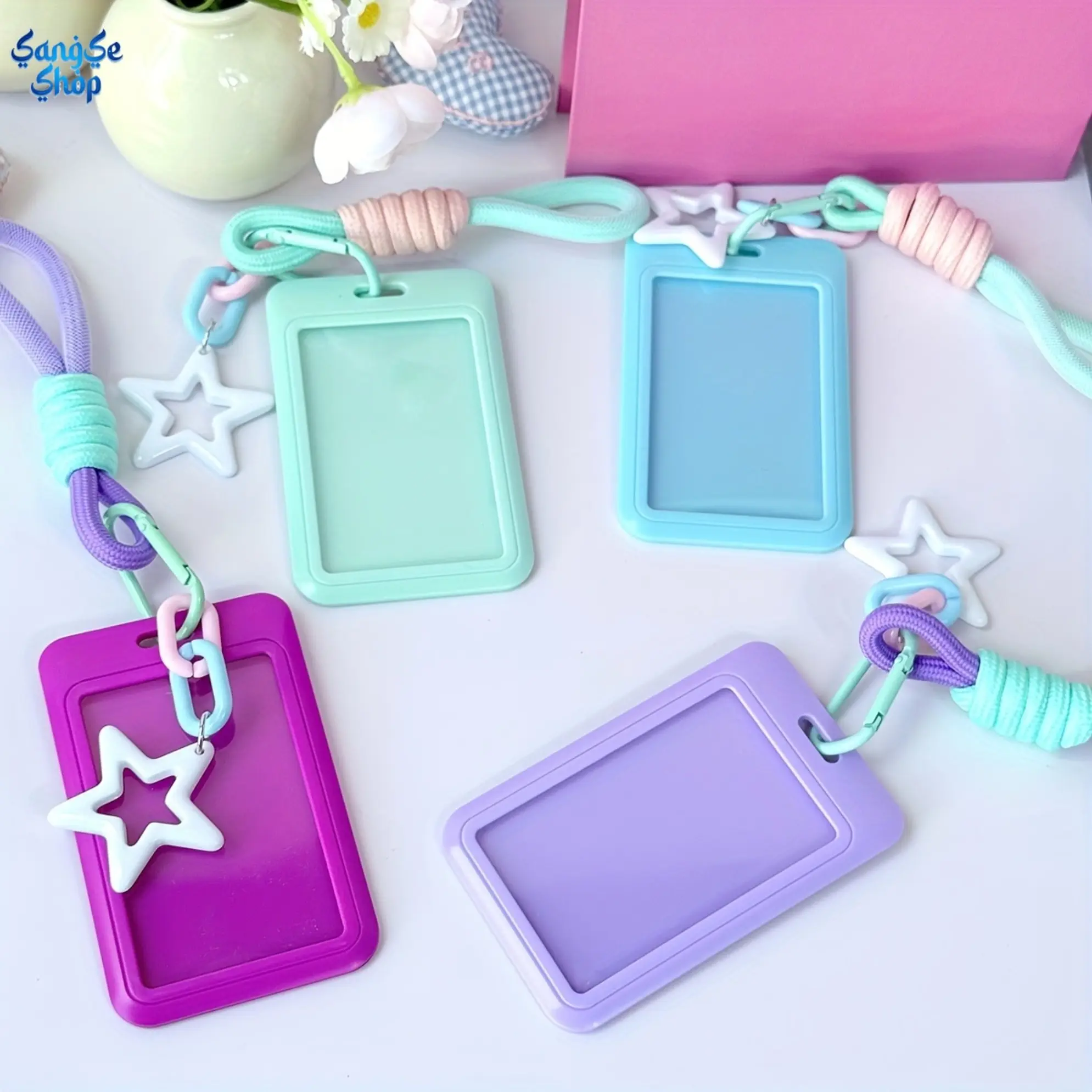 2D Cartoon Rainbow Plastic ID Card Holder with Clip, Lightweight Name Tag in Multiple Colors for Students and Office Use, 2-3 Cards Max, Clip-On Clip