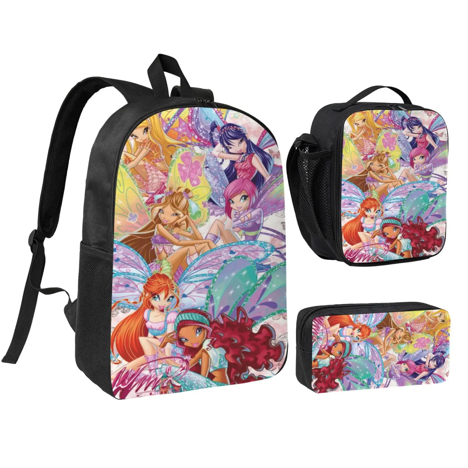 Anime Winx1 Kids School Bag Set, Teen Boys Girls Backpack with Adjustable Shoulder Straps, Multipurpose Bookbag with Lunch Box Pencil Bag for School Travel Office Daily Use, Student Class Backpack, Youth Backpack
