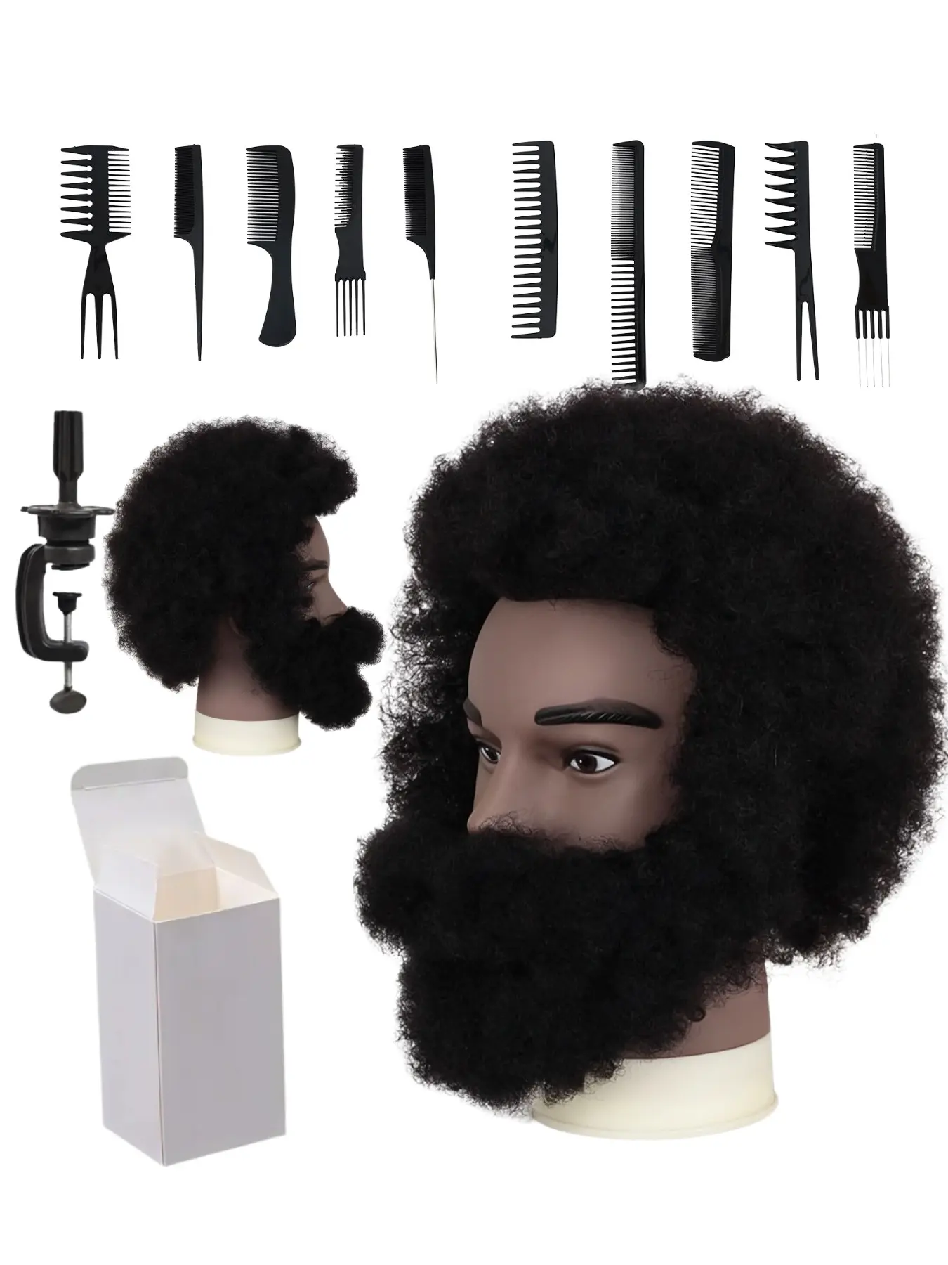 Male Barber Training Mannequin Head With Afro Kinky Curly Hair And Beard 6 Inch 100% Human Hair Natural Black Texture Manikin Head For Cosmetology School Practice Braiding Styling Comes With Clamp Stand Professional Comb Pack And Gift Box