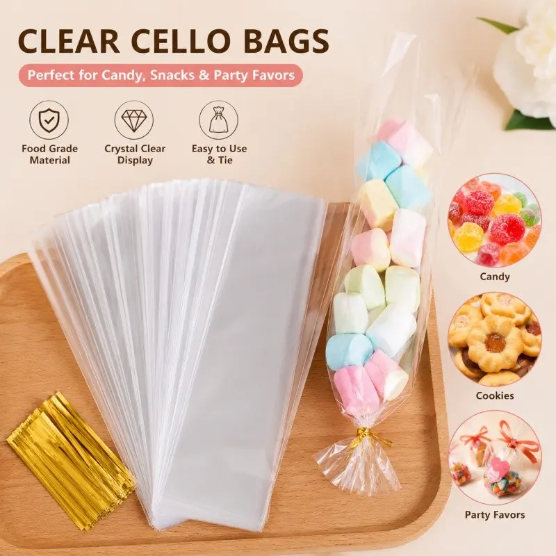 Christmas Transparent Long Candy Gift Bags, 50/100 Pack, Plastic Cookie Lollipop Bags, Wedding Birthday Party Favors Decoration Supplies