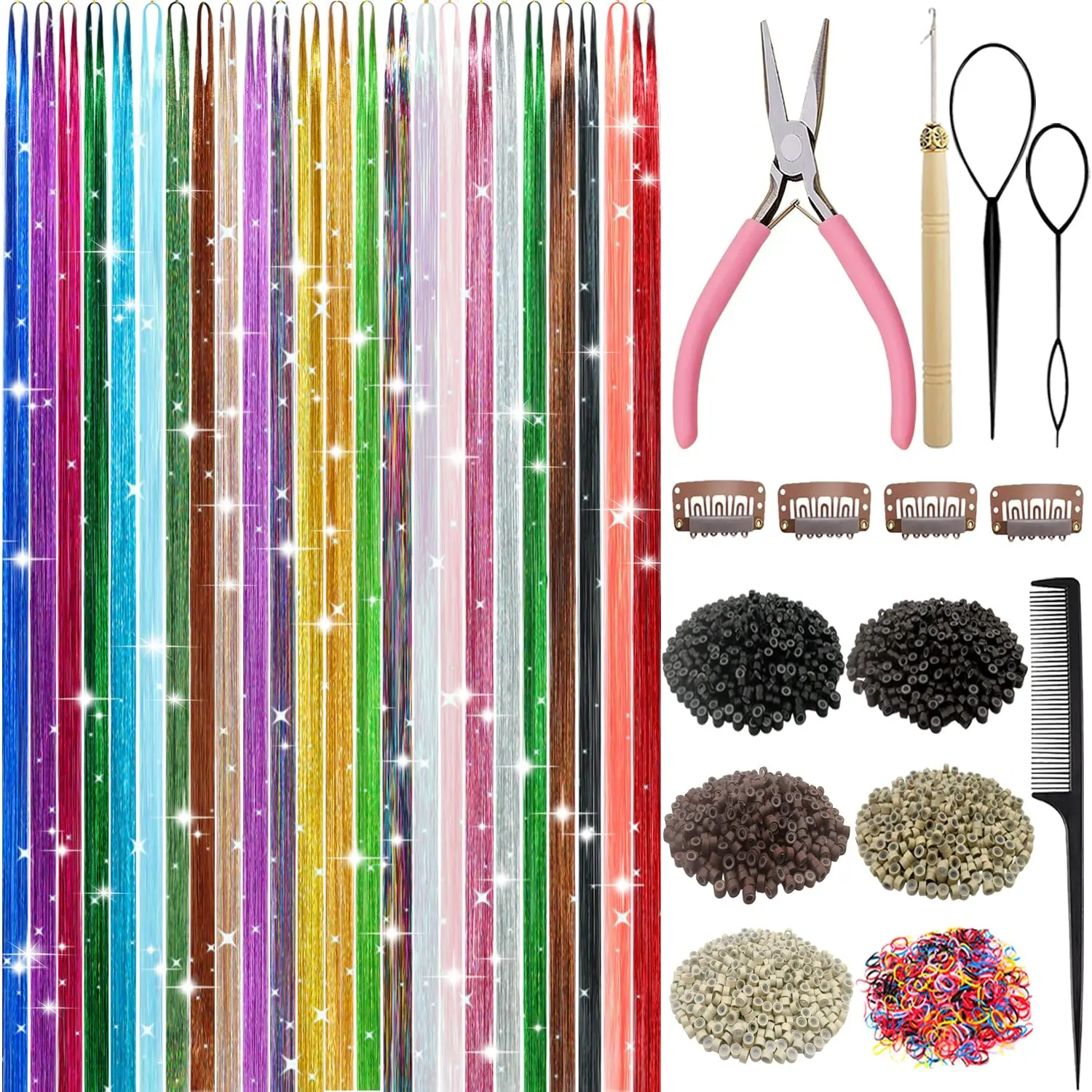 Hair Tinsel, 24 Colors Hair Tinsel Kit, 9800 Strands Tinsel Hair Extensions | Glitter Hair Extensions with Tools, Heat Resistant Party Festival Colorful Fairy Hair Accessories for Girls Women (24 Colors)