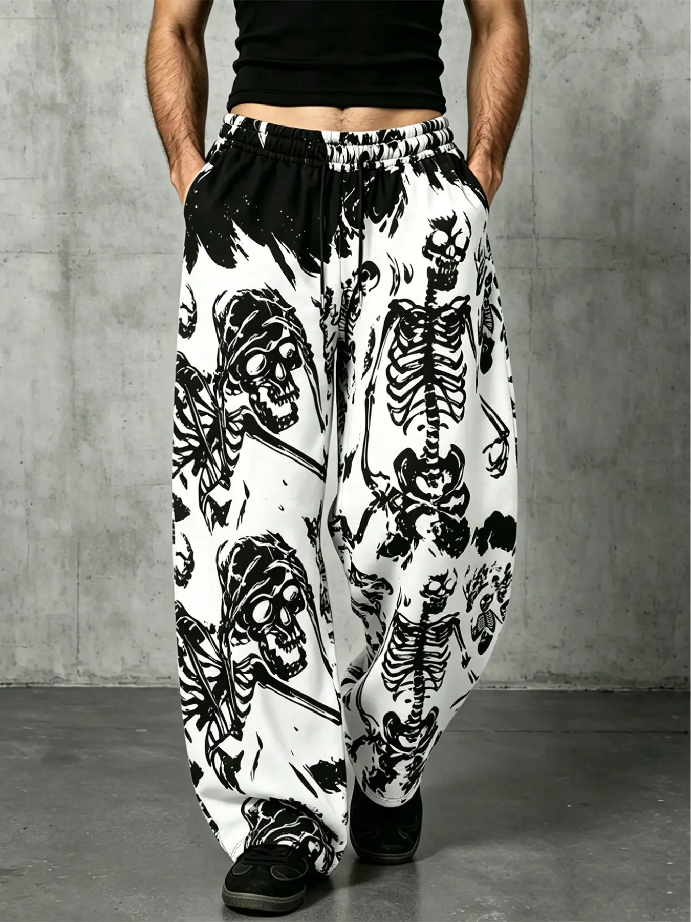Death God Skull Print Wide Leg Sweatpants, American Punk Dark Subculture Unisex Loose Fit Long Pants, Street Style H Type Streetwear