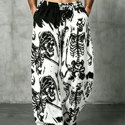 Death God Skull Print Wide Leg Sweatpants, American Punk Dark Subculture Unisex Loose Fit Long Pants, Street Style H Type Streetwear, Casual Streetwear Clothes