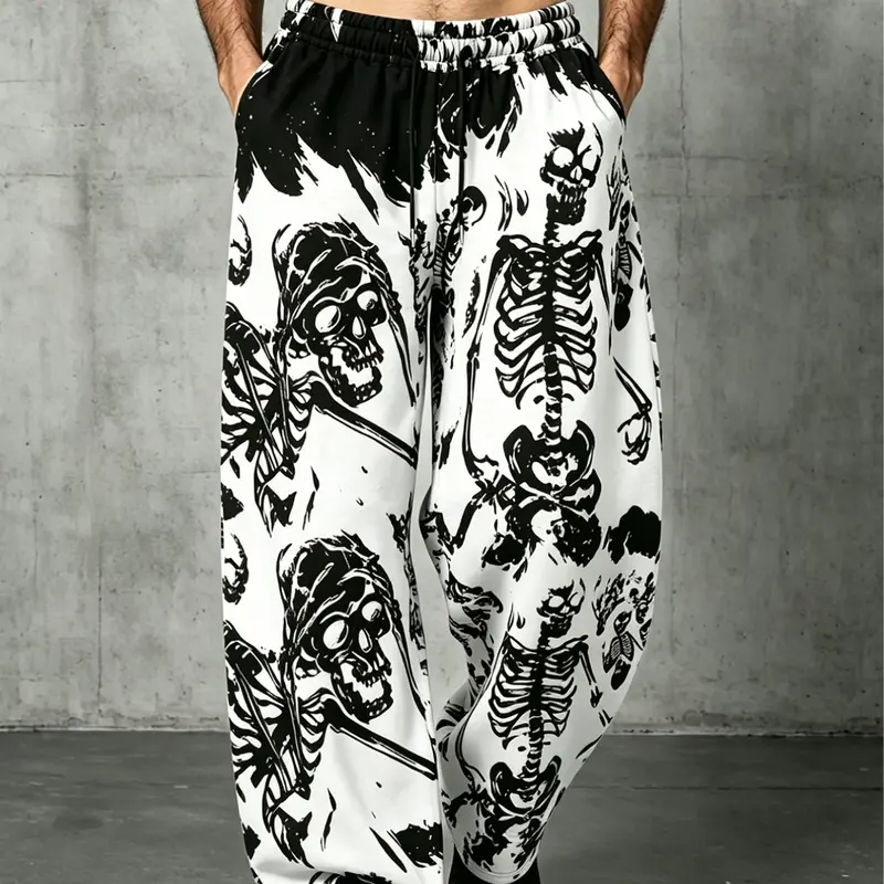 Death God Skull Print Wide Leg Sweatpants, American Punk Dark Subculture Unisex Loose Fit Long Pants, Street Style H Type Streetwear, Casual Streetwear Clothes