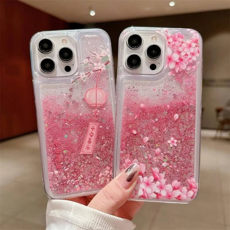 Peach Blossom Glitter Quicksand Case for iphone 16 15 14 13 Pro Max 16PRO Soft Protective Dynamic Liquid Cell Phone Cover Shell