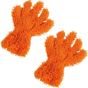 2 count  Wash Mitts, Double Sided Chenille Microfiber Dusting Gloves with 5-Finger Design, Anti-Scratch Auto Interior Exterior Detailing Mitt for Cleaning Wheel Tight Spot (Orange)