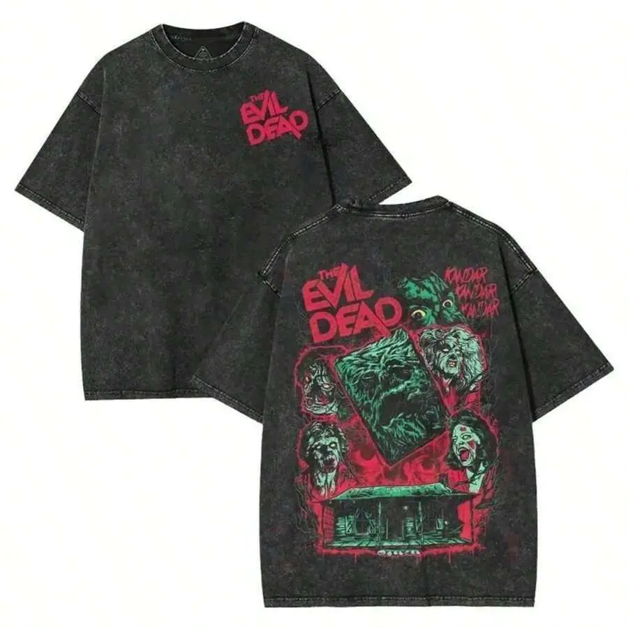 Mens Clothes;Summer TopsSuper Value Hot T-Shirt Evil Dead Double Printed Vintage Washed Unisex Heavyweight Cotton T-Shirt, Horror Movie T-Shirt, Movie Lover, Streetwear Menswear T-Shirt Y2k, Soulja, Concert, Halloween