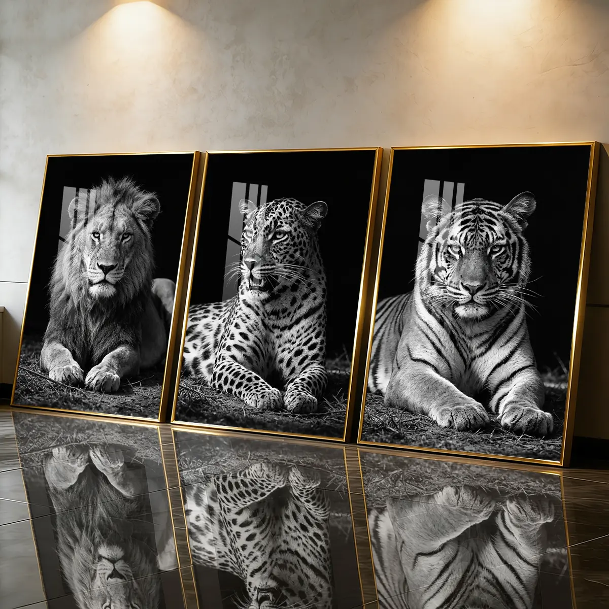 3 Count Aluminum Alloy Frame Canvas, Fashion Poster Lion Leopard Tiger Black And White Art, Modern Living Room Decoration, Light Luxury Family Art, Suitable For Bedroom, Corridor And Office Wall Decor, Gift