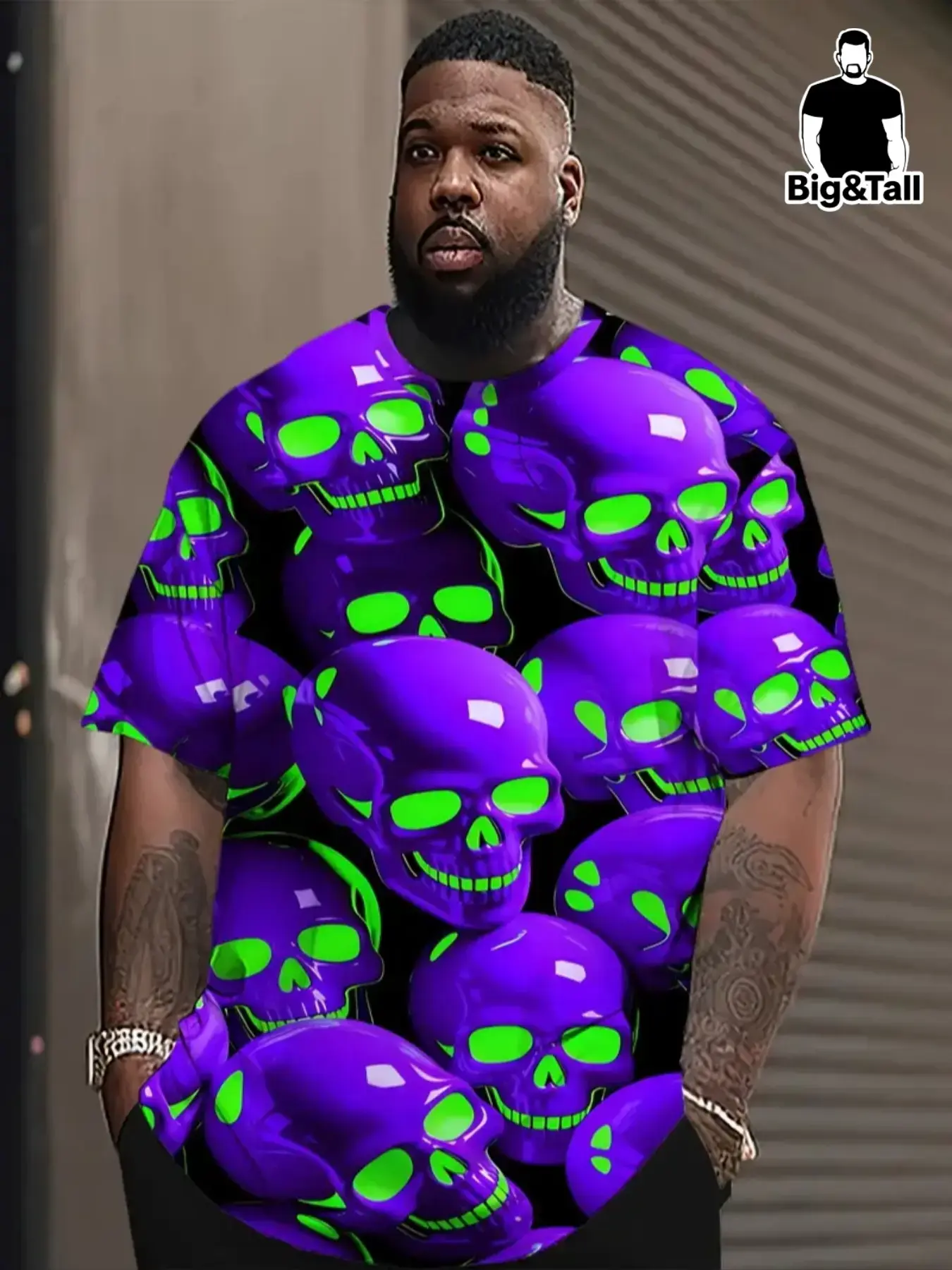 Men's Neon Blue Glow Skull Print T-Shirt, Big, Loose, Bottom Reflective Design, Streetwear, Concert Party Casual Wear