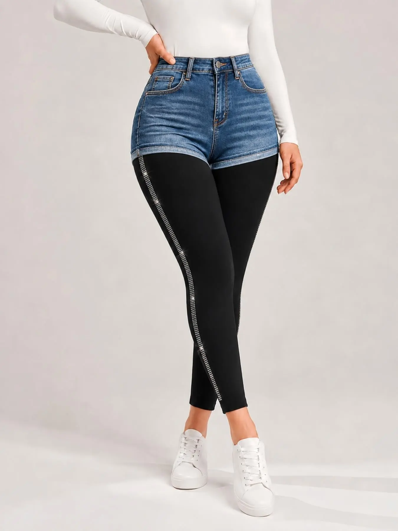 Women's Rhinestone Side Stripe Ankle Leggings, High Waist Stretch Pants, Casual & Street, Comfortable Fit, Print, Stretchy