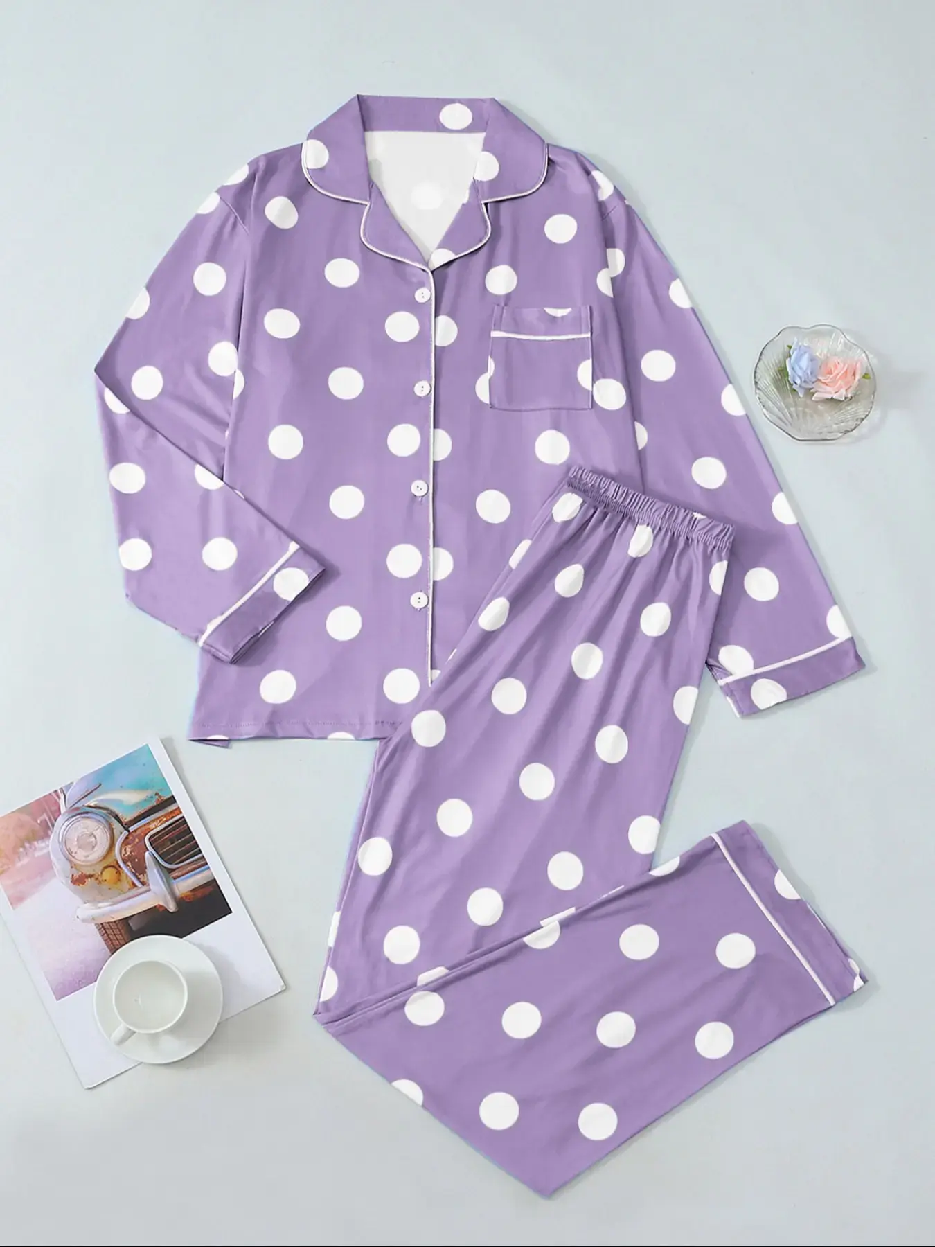 Women's Soft Polka Dot Print Pajama Set, Fall & Winter Casual Fitted Long Sleeve Sleepwear, Loungewear, Skin-Friendly Warm Home Clothes Two-Piece Suit
