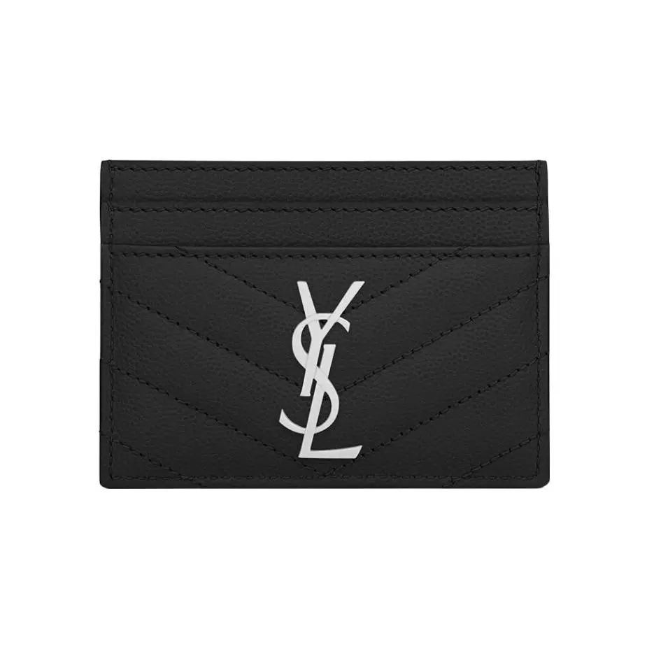 Saint Laurent YSL Quilted Grain-Embossed Leather Card Holder for Women, Silver Logo, Black
