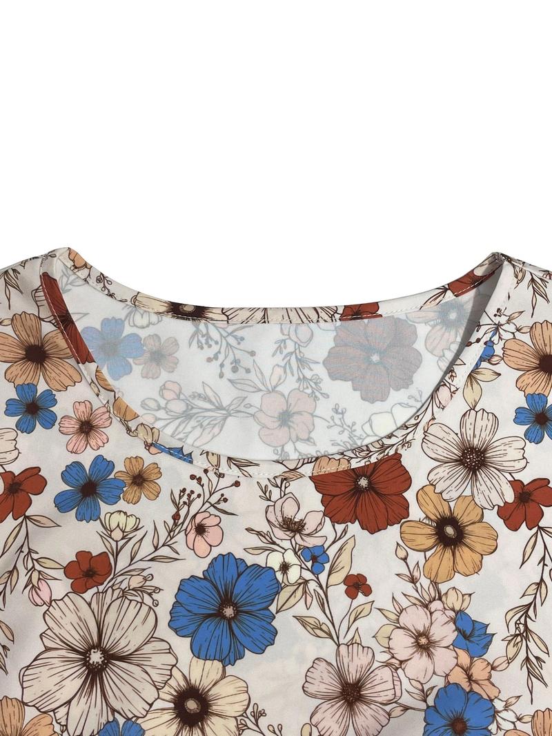 Women's Floral Print Tie Neck Flounce Sleeve Dress, Elegant Fashion Casual Dress for Daily Outdoor Wear, Women Dress for Spring Fall