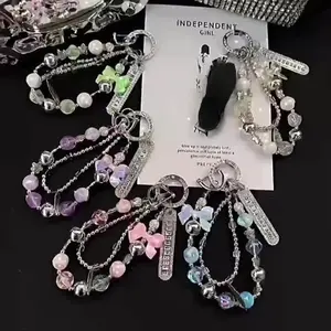 2026 New Luxury Beaded Wristlet - Rhinestone Butterfly Cell Phone Charm Accessories, Mobile Phone Decoration for Cases, White+Number Plate+Keychain for Leisure Outdoor Use, New Year Gift