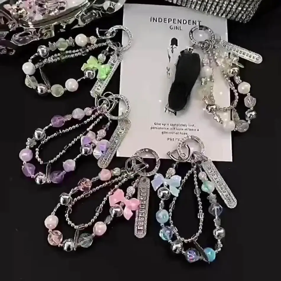 2026 New Luxury Beaded Wristlet - Female, All Seasons, Solid Rhinestone Butterfly Cell Phone Charm Accessory, Mobile Case Decoration with White Number Plate & Keychain, Leisure Outdoor Use New Year Gift