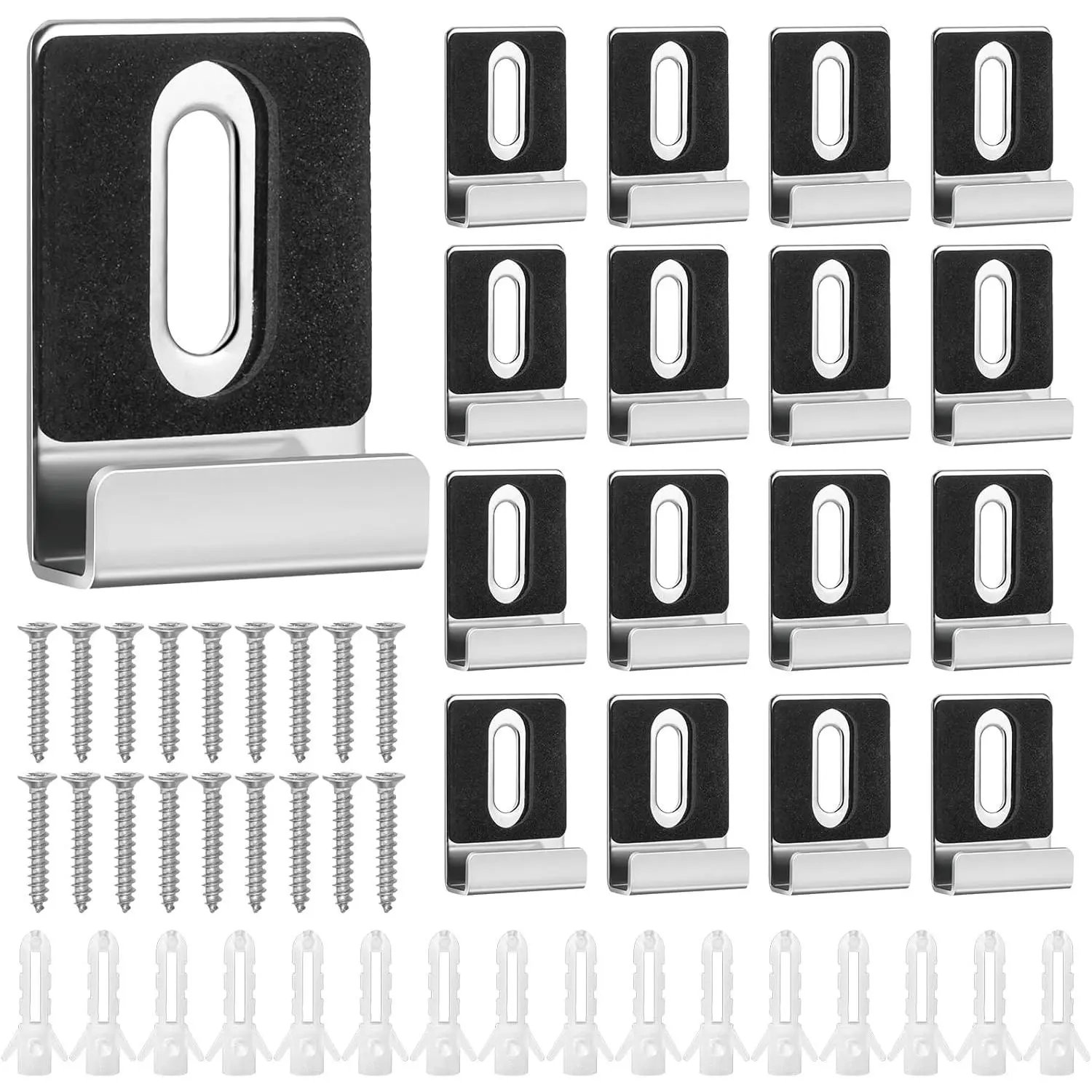 16-piece metal mirror bracket kit, J-shaped mirror hanger clamp kit, equipped with screws, rubber pads, mirror hooks, heavy-duty mirror hanger hardware, suitable for frameless installation on wall tiles, billboards, and displays