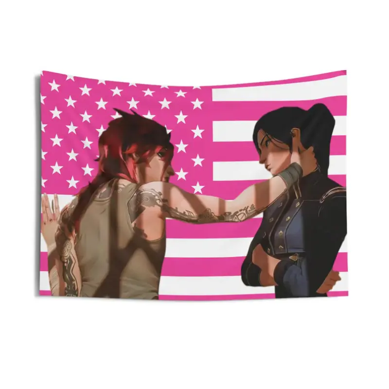 CaitVi (Arcane) Tapestries, Caitlyn Kiramman and Violet Arcane Pink Flag, Caitlyn Vi (Arcane) Indoor Wall Tapestries, Tapestry Wall Hanging