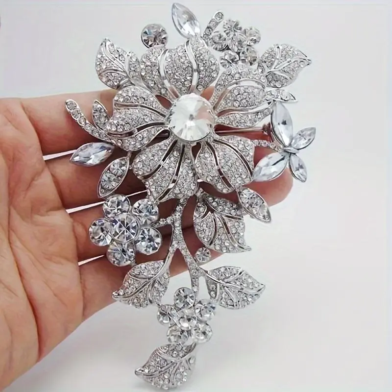 Silvery Floral Luxury Brooch with Full Crystal Zirconia, Men's & Women's Prom Party Costume Jewelry, 1 Pc Home Decor Hanging Accessory, Gift, Large Flower