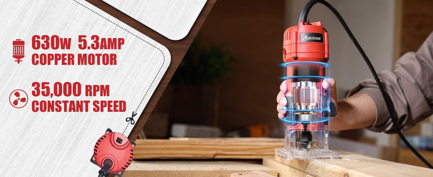 630W 5.3 Amp Wood Router Tool with Fixed Base Compact Router for Woodworking, 35,000 RPM, 1/4" collet & 5 Trim Bits, Straight & Roller Guide, 2 Wrenches and Carbon Brushes -.com 630W 5.3 Amp Wood Router Tool with Fixed Base Compact Router for Woodworking, 35,000 RPM, 1/4" collet & 5 Trim Bits, Straight & Roller Guide, 2 Wrenches and Carbon Brushes -.com