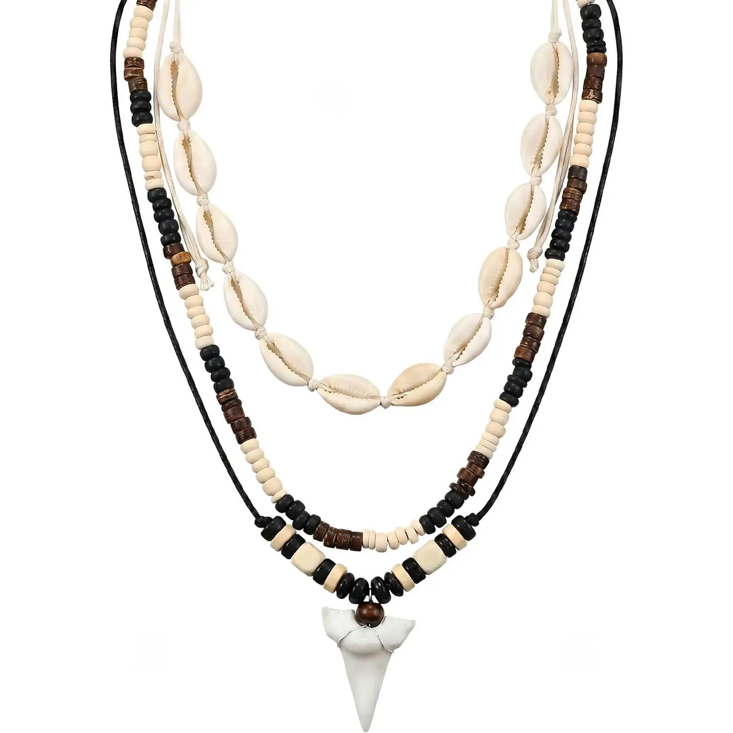 Layered Shark Tooth Necklace - 3 Pcs Unisex Puka Shell Necklaces with Wooden Beads and Seashell Stack for Men and Women Trendy Stuff Beachy Boho Beach Surf Summer Jewelry