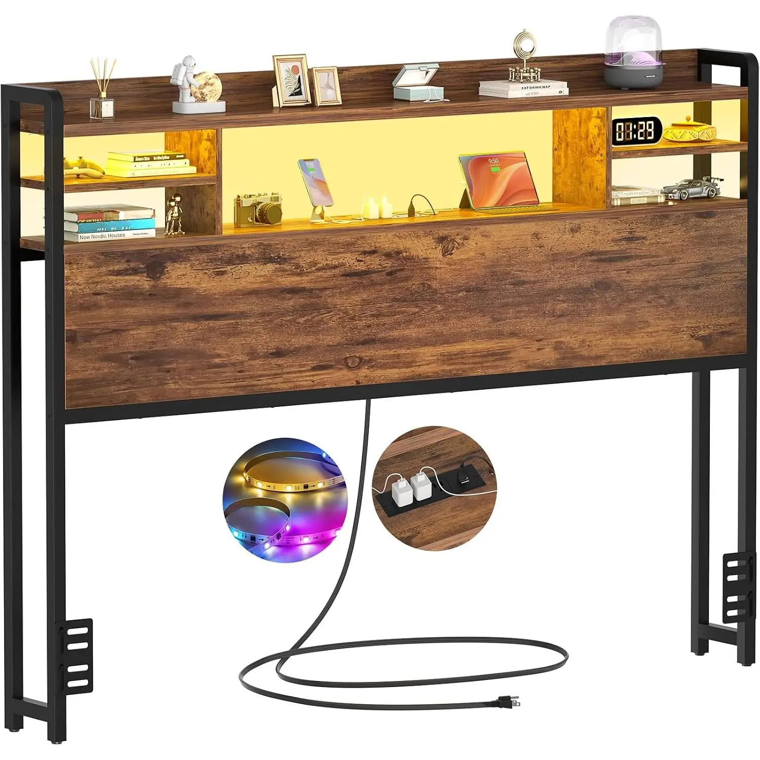 Headboard for Full Size Bed with Storage and Outlets, Rustic Brown | Headboards with LED Light, Power Outlets, USB Ports Full Size  Board,  headboard Only Sturdy and  Headboards