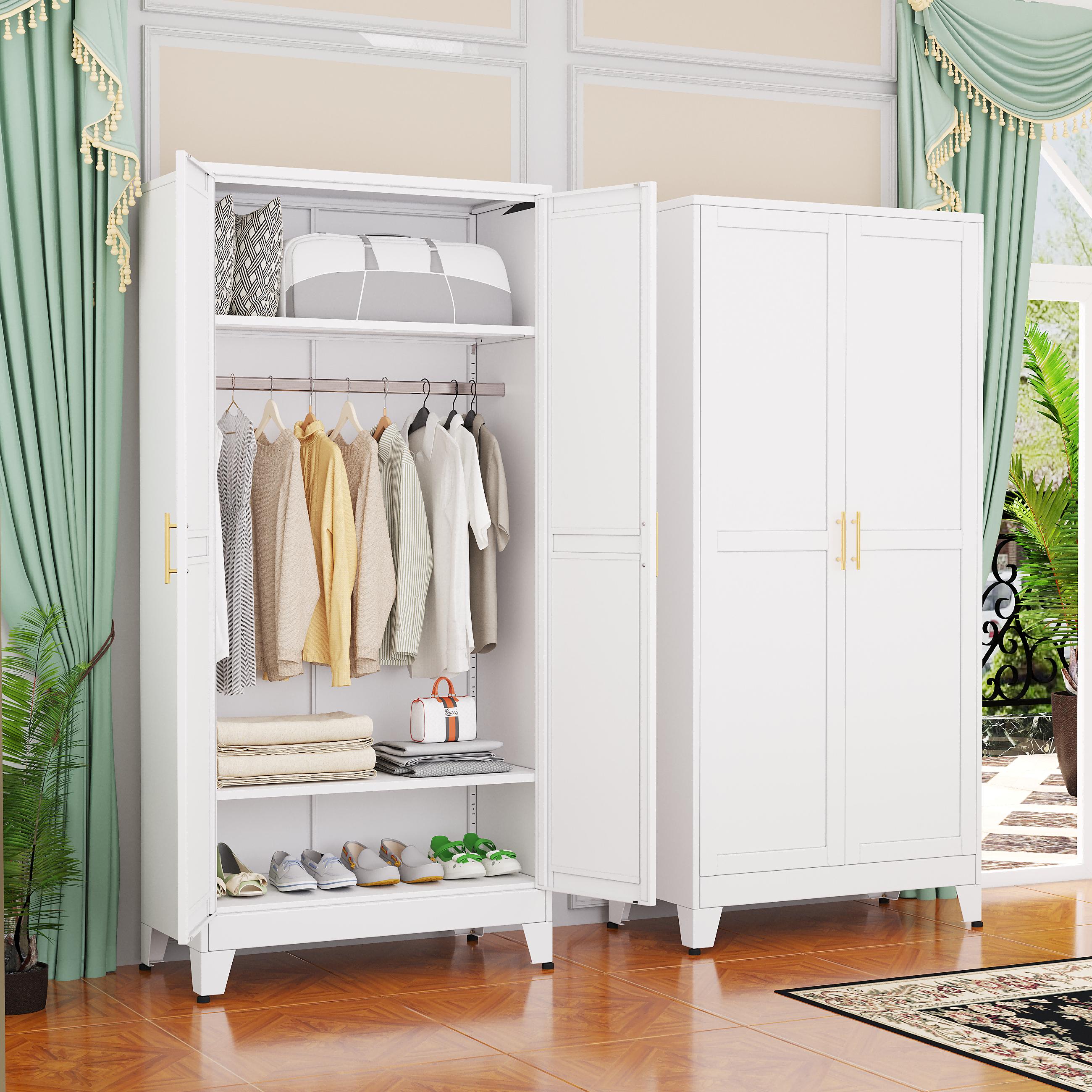 Metal Wardrobe Cabinet with Hanging Rod, 71" Metal Clothing Storage Cabinets with 2 Doors and Adjustable Shelves, White Armoire Wardrobe Closet for Bedroom, Laundry Room, Cloak Room mothersdaygift