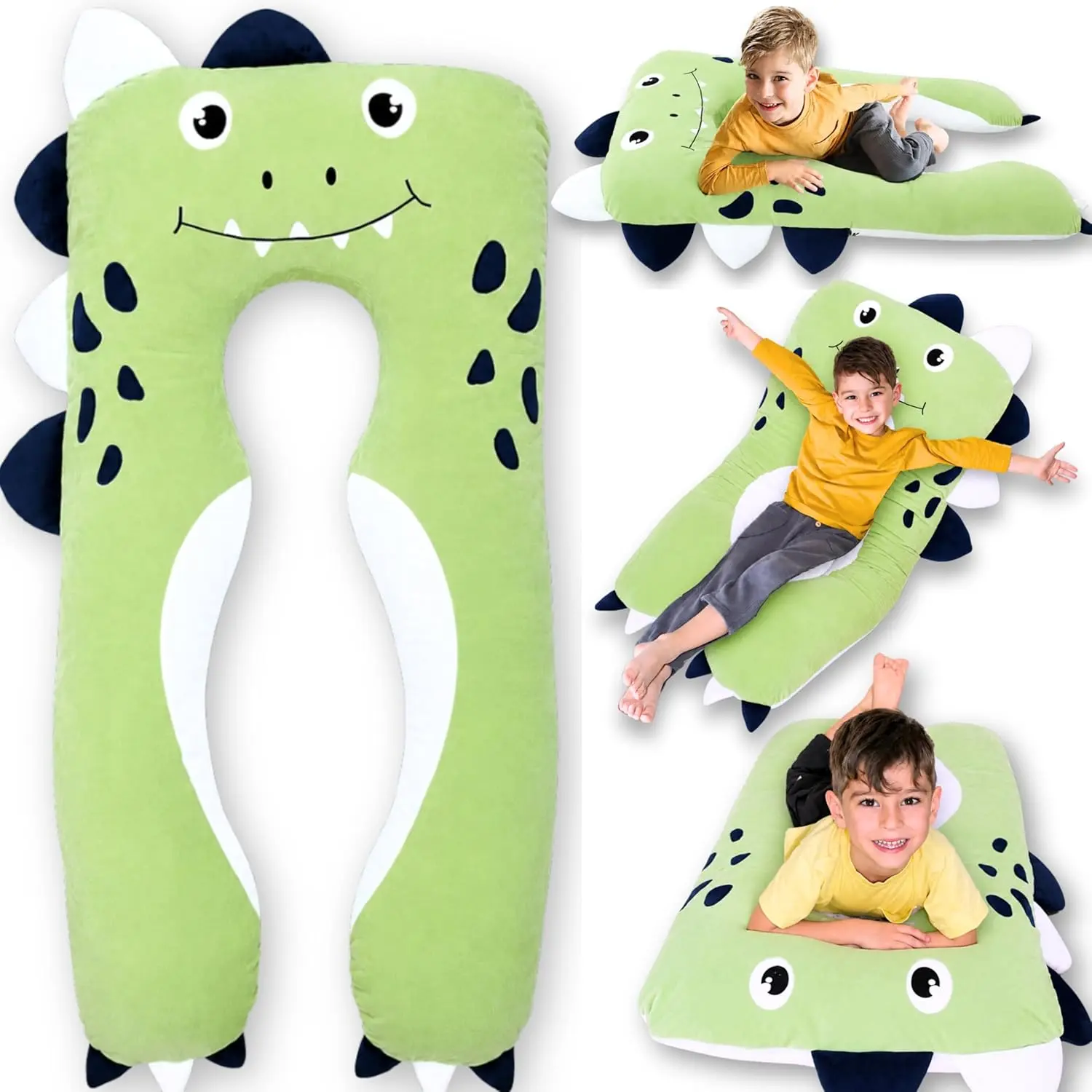 Dino Kids Body Pillow - 47" U-Shape Long Plush Soft Animal Pillow  Kids, Sleeping, Reading, ADHD & Special Needs Comt, Anxiety, Washable Cover, Snuggle Fun Cuddle Gift  Boys & Girls