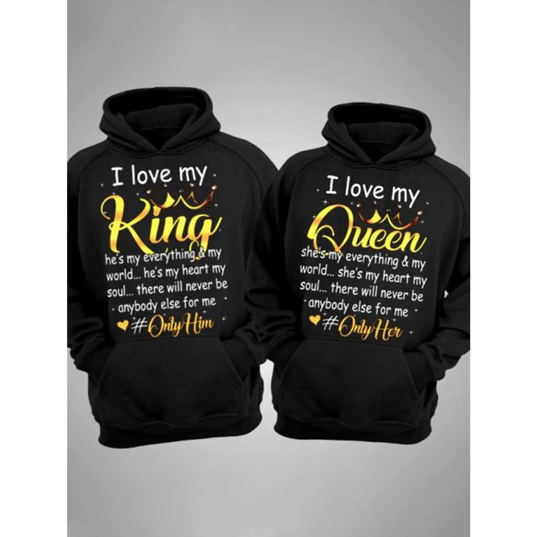 1 Piece I Love My King or I Love My Queen Hoodie - Bold and stylish black hoodie with decorative heart accents, perfect for couples to wear - Comfortably express your love and emotions, suitable for any occasion