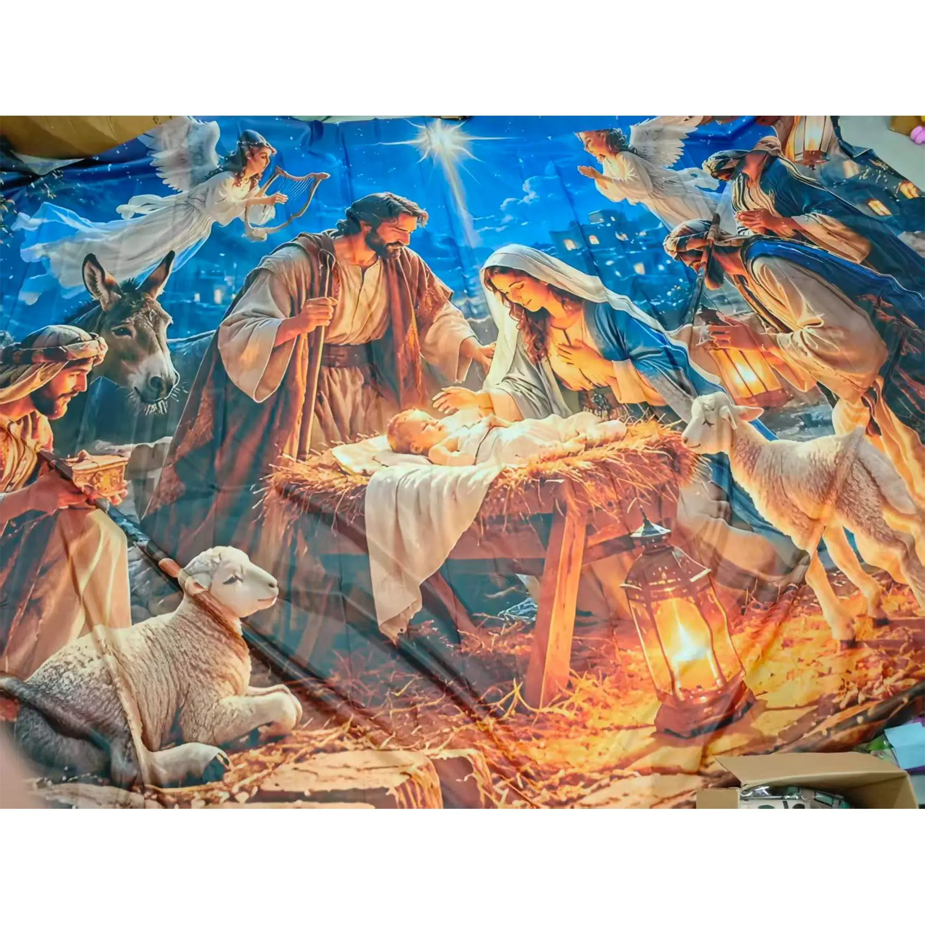 2D Flat Banner Christmas Nativity Theme, Polyester Material, Indoor Outdoor Decor, Wall Decoration, Photo Background, Holiday Party Gift
