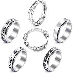 Fidget Rings for Anxiety 8pcs Stainless Steel Spinner Ring Anti Anxiety Ring Spinning Moon Star Cool Stress Relieveing Rings for Women Menfidget toys