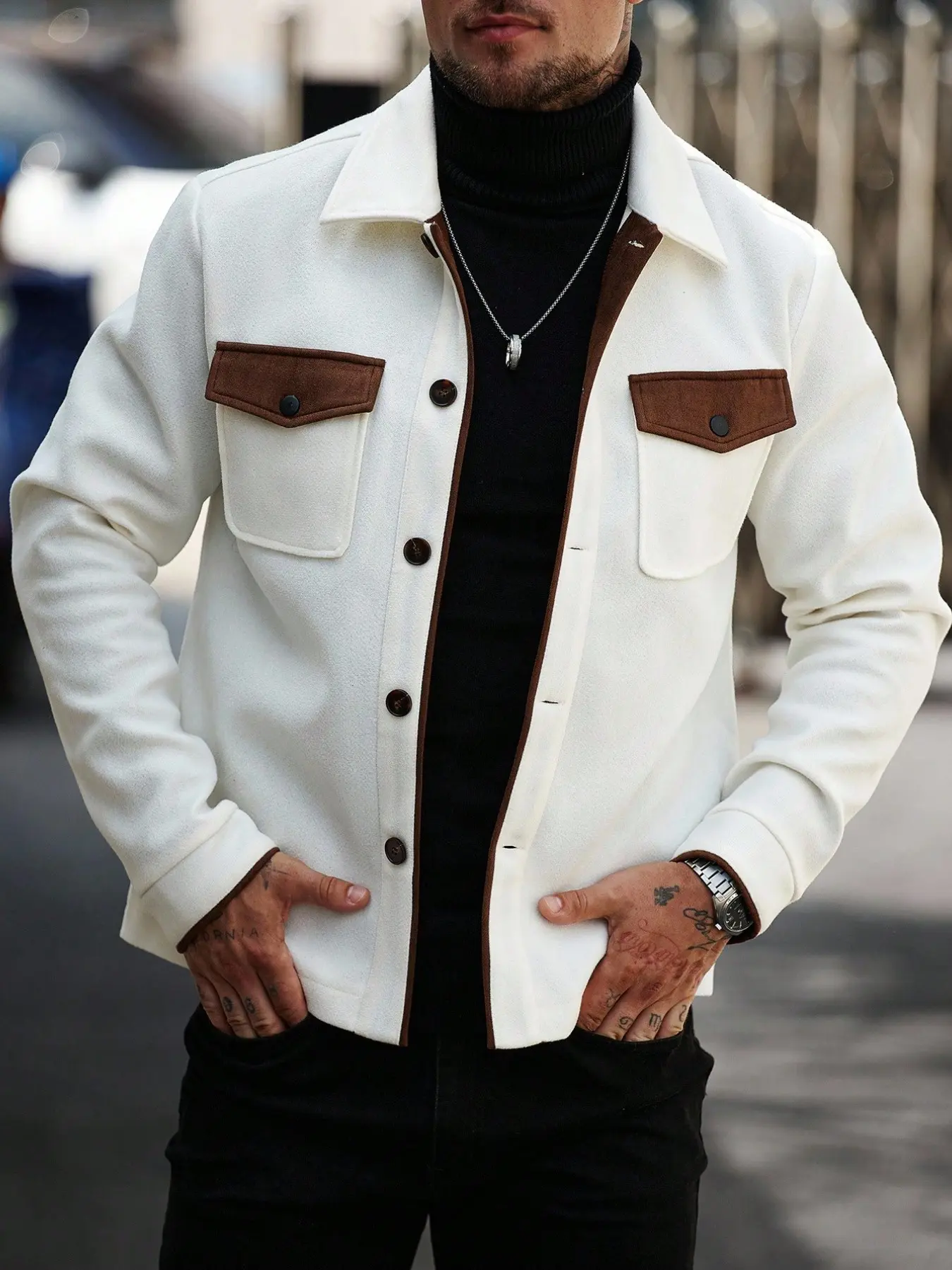 Men's Colorblock Button Jacket, Casual Regular Fit Long Sleeve Coat, Fall Winter Fashion Street Style, Versatile Daily Wear Outerwear, Menswear