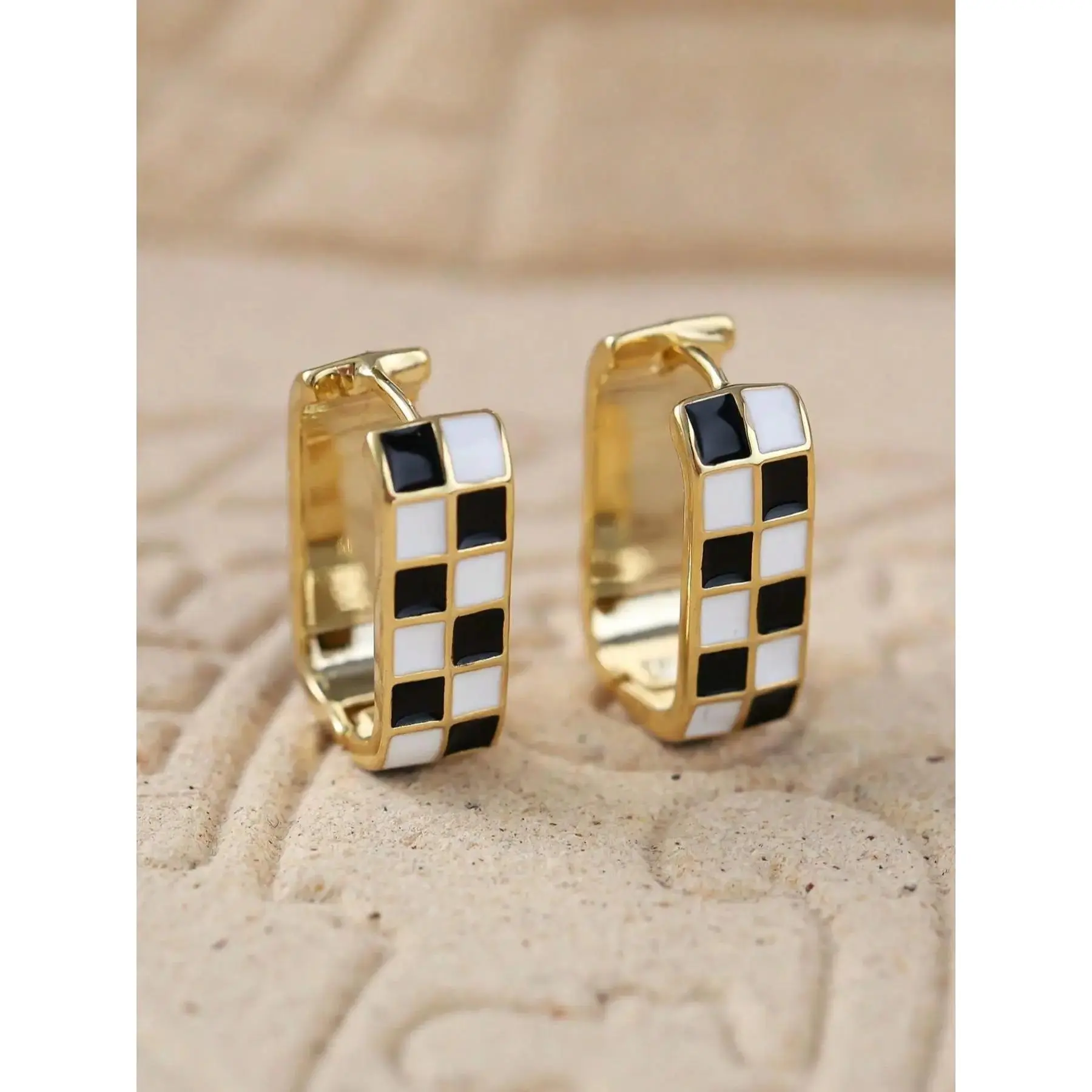 Checkerboard Pattern Hoop Earrings, Fashionable Casual Enamel Drip Earring Clip for Women for Party, Daily Decor, Trendy All-match & Exquisite Jewelry for Gift, Fashionable Jewelry Accessories, High Quality Earrings