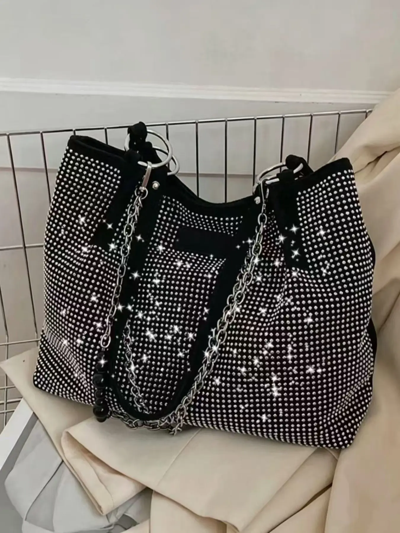 Women's Fashion Rhinestone Tote Bag, Large Capacity Daily Handbag with Chain, Shiny Style Daily Commuting Shoulder Bag, Elegant Shoulder Bag