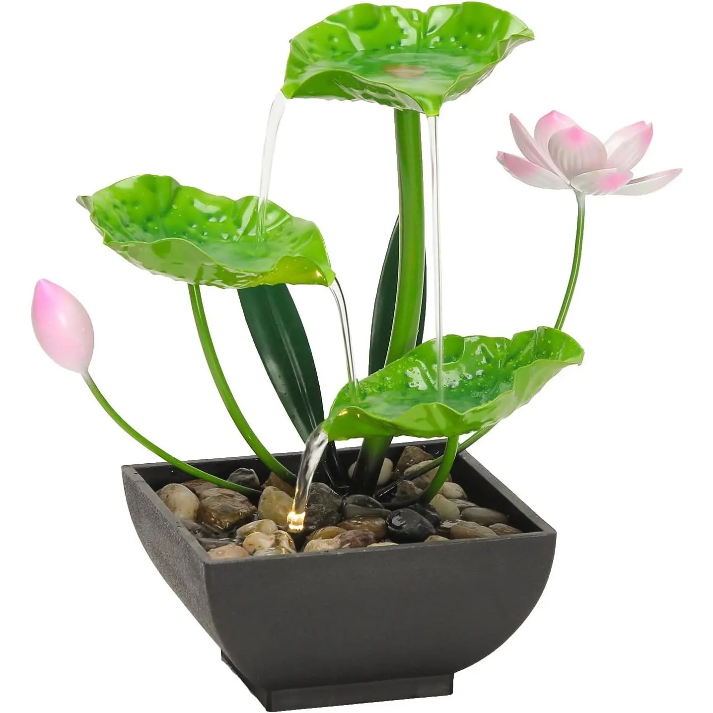 3-Tier Tabletop Indoor Waterfall Lotus Water Fountain Relaxation Home Desk Decor with Rocks and Soothing Sound Machine Green