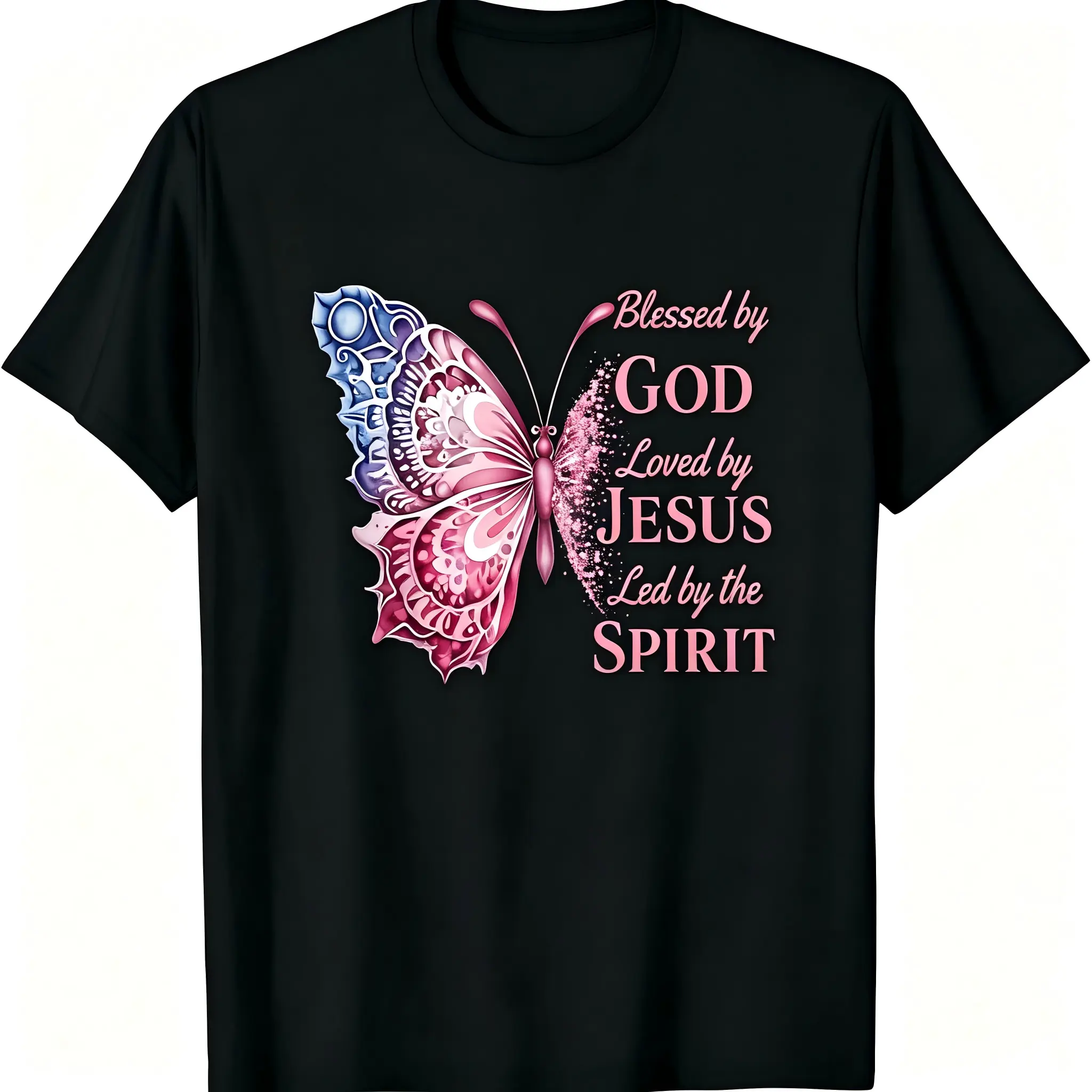 "Blessed By God Loved By Jesus Led By The Spirit" Christian T-Shirt for Men Women – Mandala Butterfly Graphic Tee, Soft Breathable Cotton Crew Neck Short Sleeve, Scripture Faith Daily Top, Church Believer Gift, Machine Washable